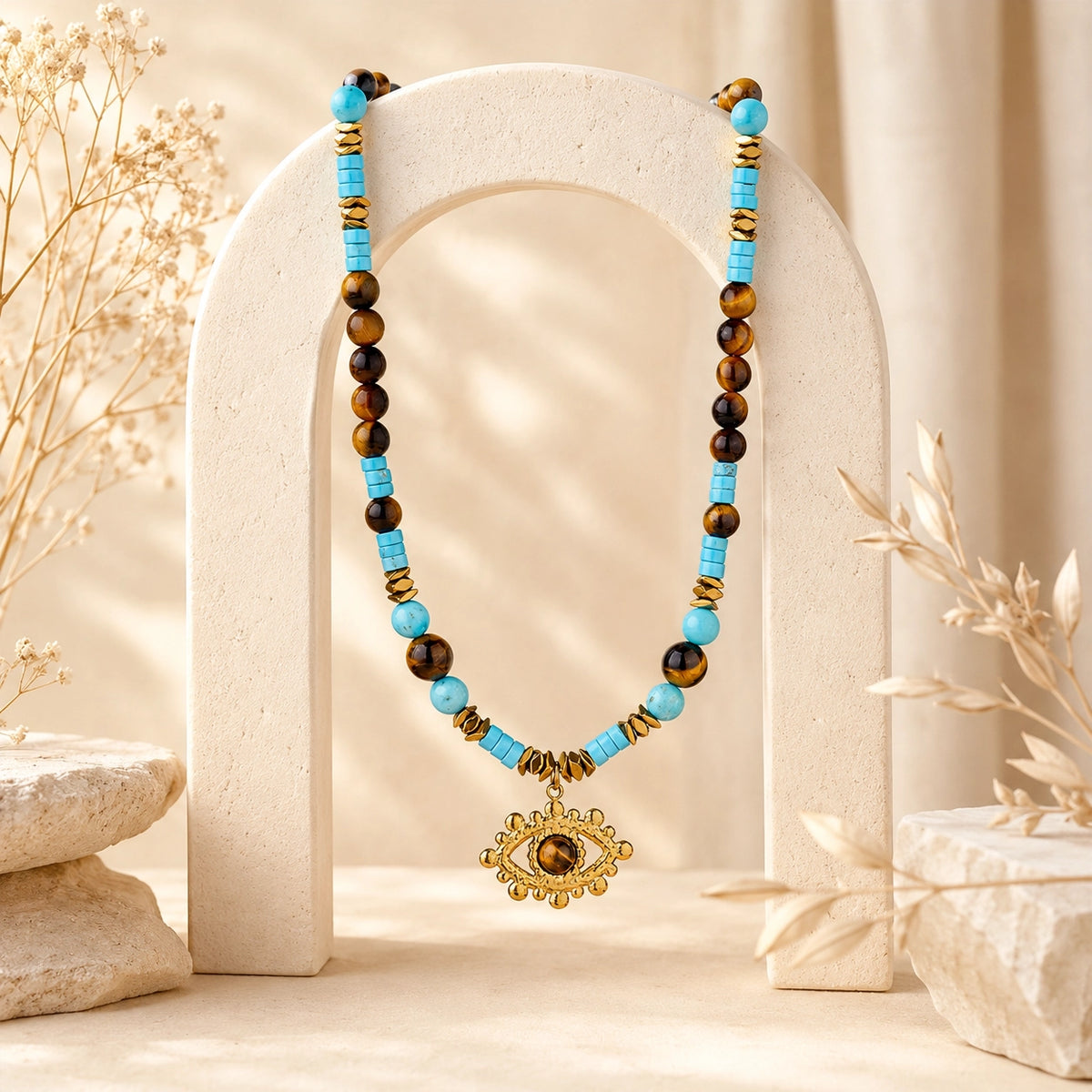 Tiger’s Eye and Turquoise Evil Eye Necklace with Natural Stone Beads