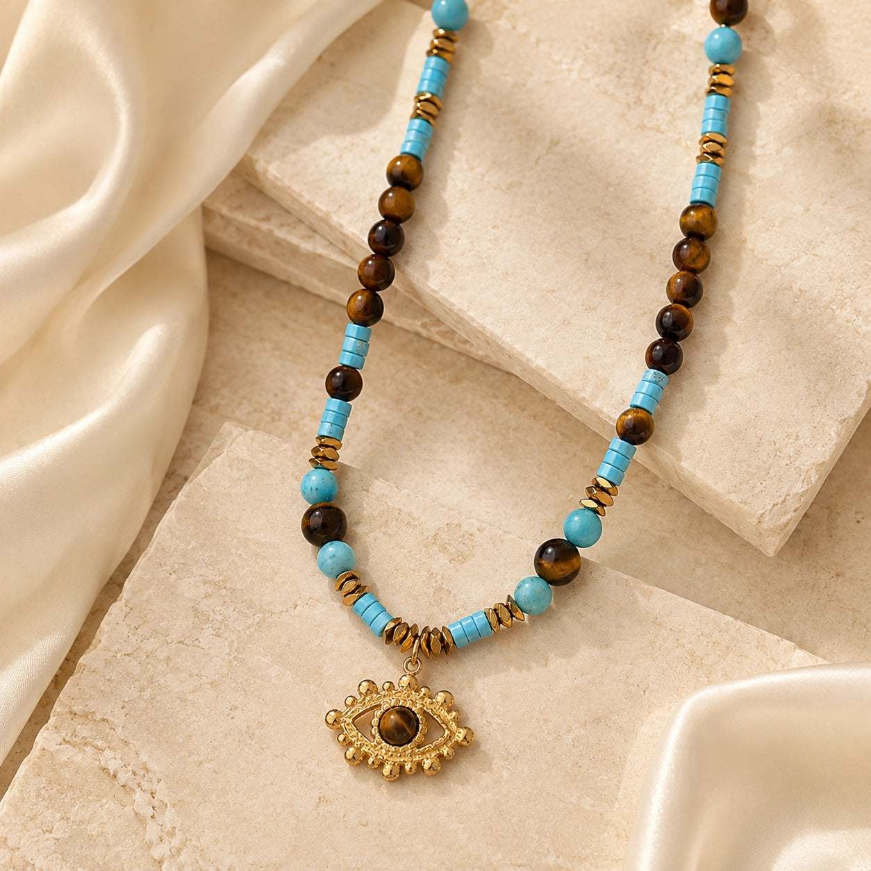 Gold Evil Eye Charm Necklace with Tiger’s Eye and Turquoise Beads