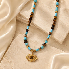 Gold Evil Eye Charm Necklace with Tiger’s Eye and Turquoise Beads