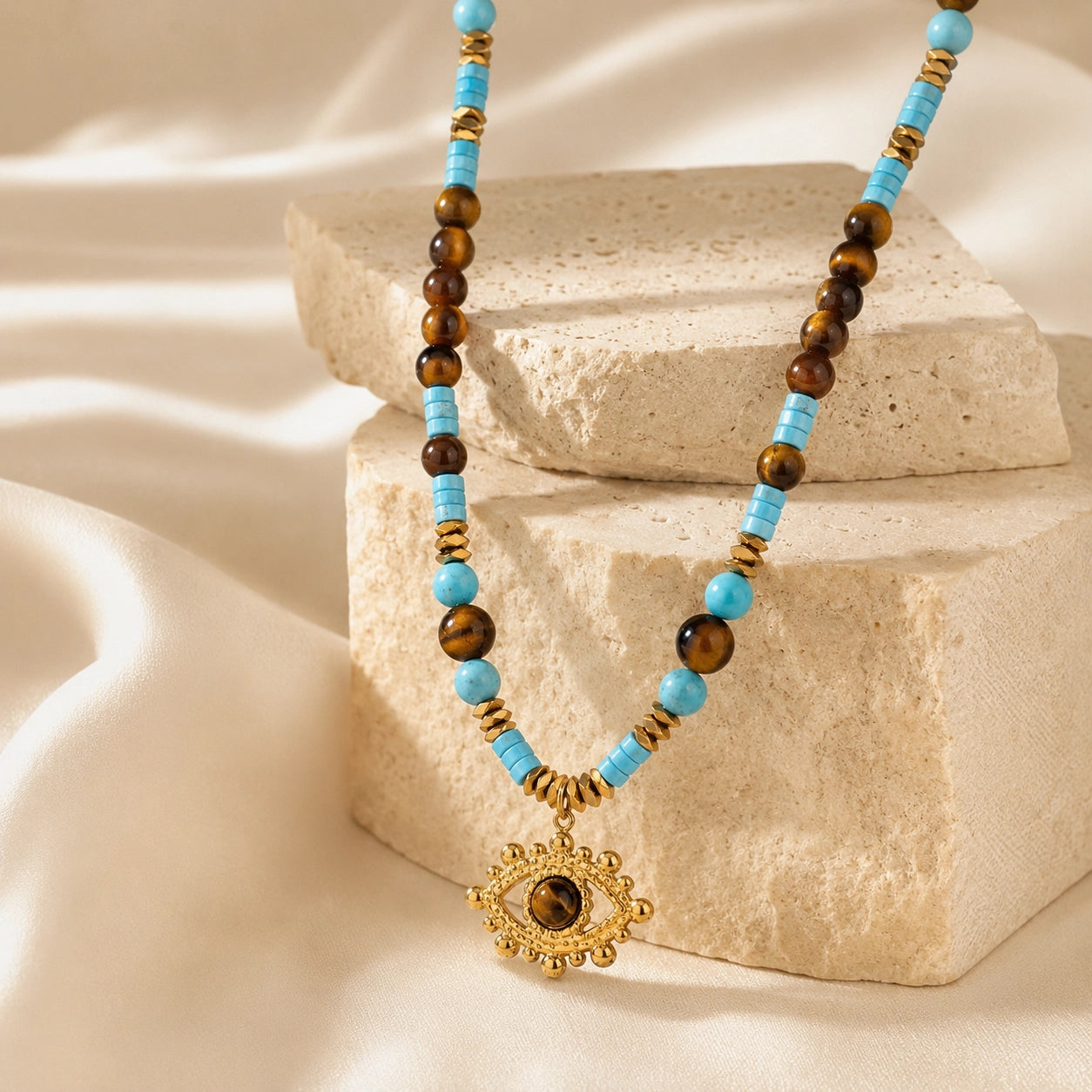 Natural Tiger’s Eye Turquoise Beaded Necklace for Everyday Layering