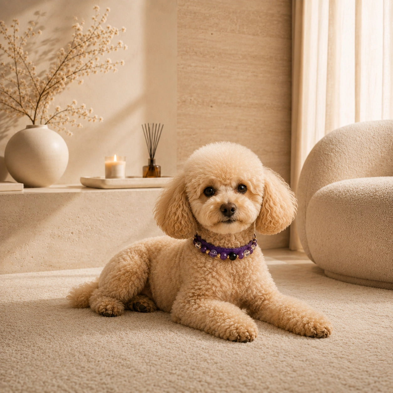 Toy Poodle wearing a purple amethyst and clear quartz crystal dog collar indoors