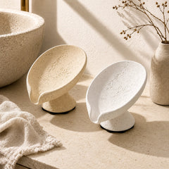 Wabi Sabi soap dish displayed in a warm home spa bathroom scene.