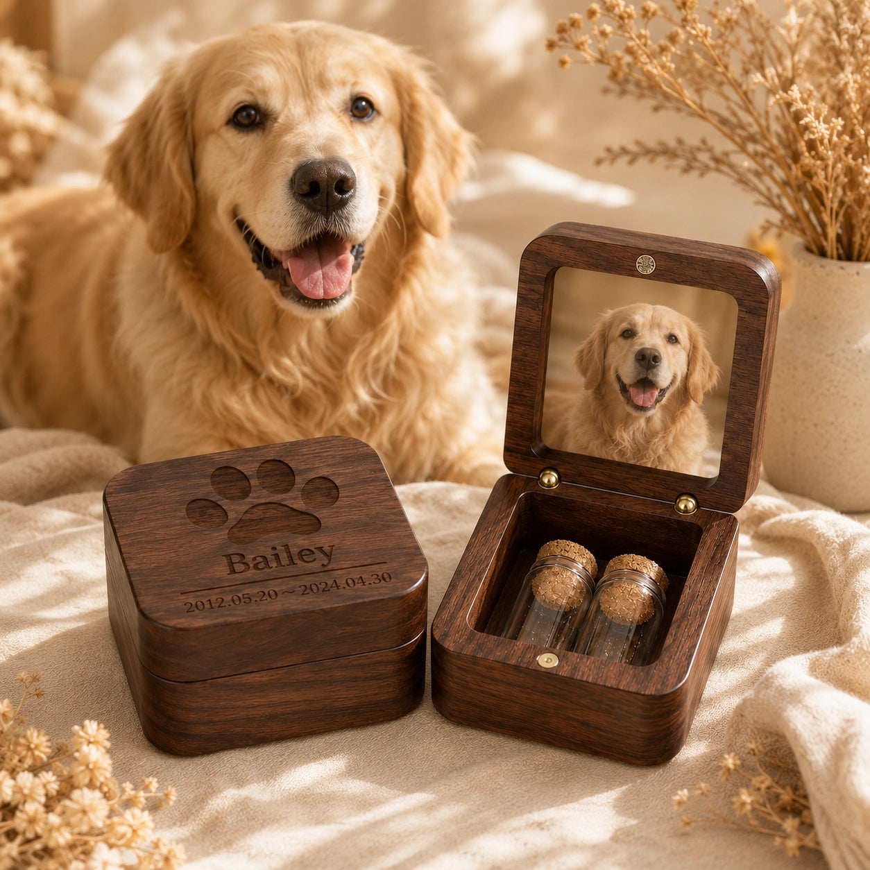 Walnut personalized pet memorial keepsake box with Golden Retriever photo and two glass vials