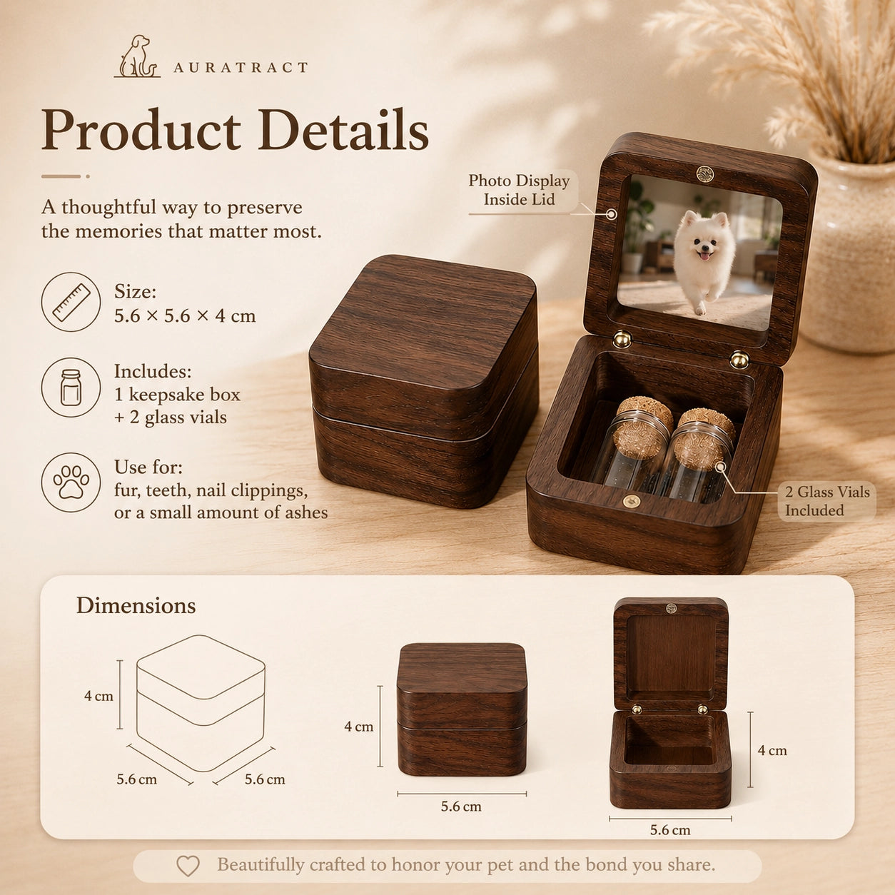 Wooden pet keepsake box dimensions and two glass vials for fur, teeth, nail clippings or symbolic ashes