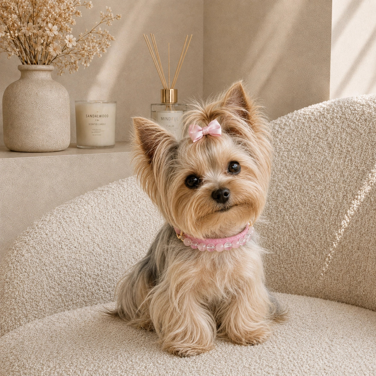 Yorkshire Terrier wearing a rose quartz and clear quartz dog collar at home