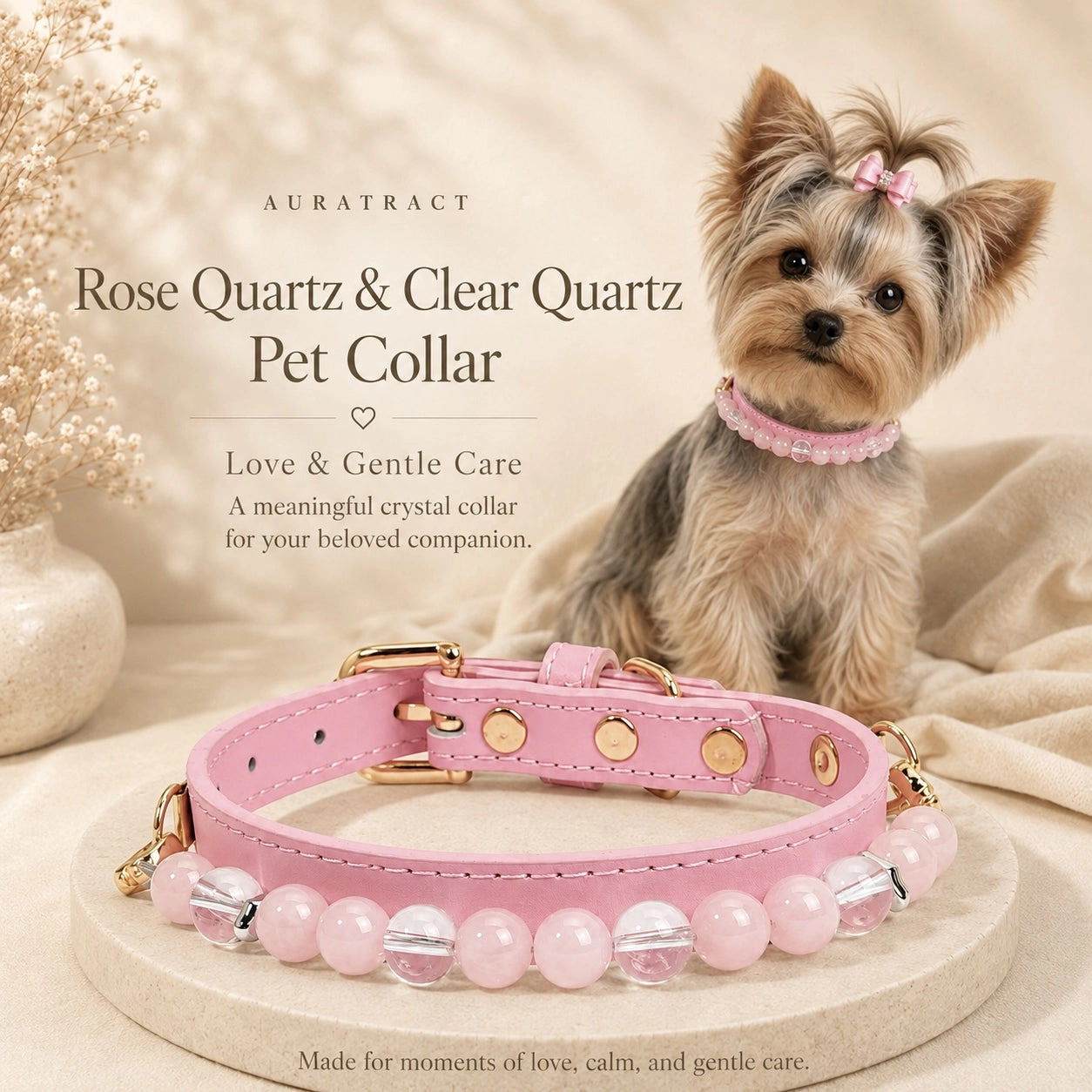 Yorkshire Terrier with a rose quartz and clear quartz pet collar for love and gentle care